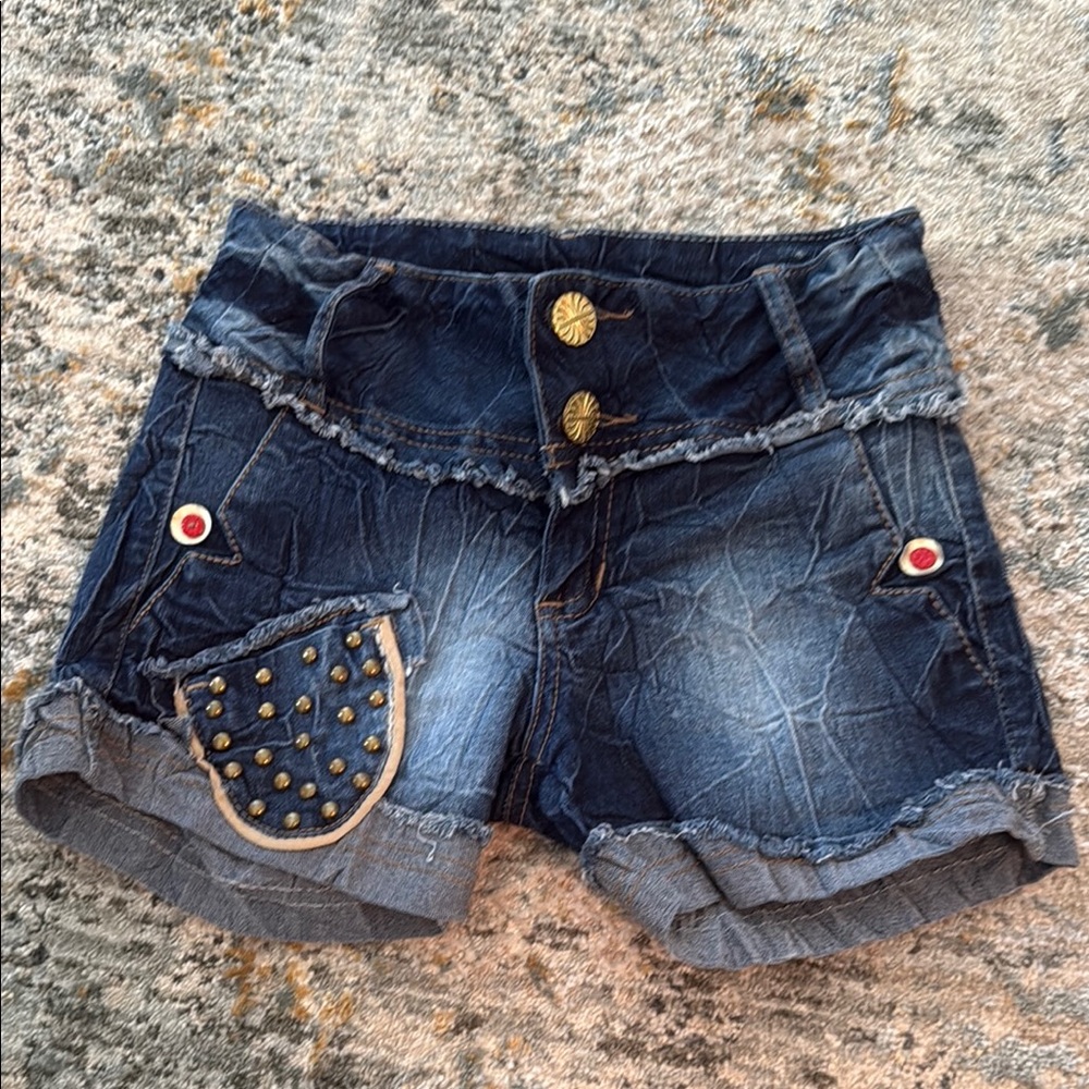 Casual Blue Jean Shorts with Cuffed Hem and Decorative Stitching